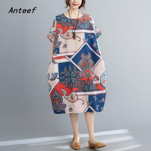 Short sleeve plus size cotton linen vintage floral dresses for women casual loose summer sun dress elegant clothes 2021 sundress