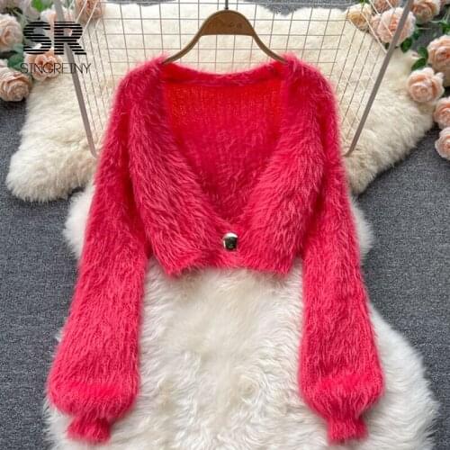SINGREINY Winter Mohair knitted Cardigans Women Long Sleeves Outwear Short Ins Knit Tops Fashion Thick Warm Sweater Pullovers