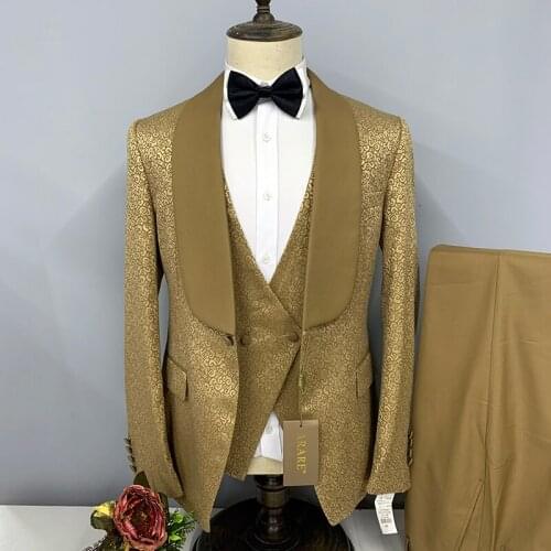 2021 Mens Three Pcs suit New Clothes Banquet Slim Fit Designer Classic Golden Prom Tuxedos Blazer Pants Vest Set Euro Size 46-58