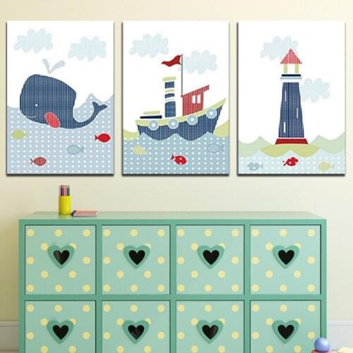 Unframed 3 Panel Boat Whale And Lighthouse Cartoon Home Decor Modern Wall Picture Print On Canvas For Children Room Artwork