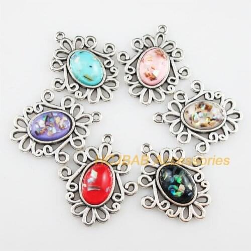 6 New Oval Flower Resin Connectors Shivering Mixed Charms Tibetan Silver 27x32mm