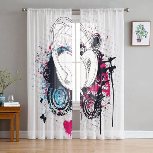 White Headphones Music Art Sheer Curtains Modern Gauze Curtain for Living Room Bedroom Voile Yarn Curtains