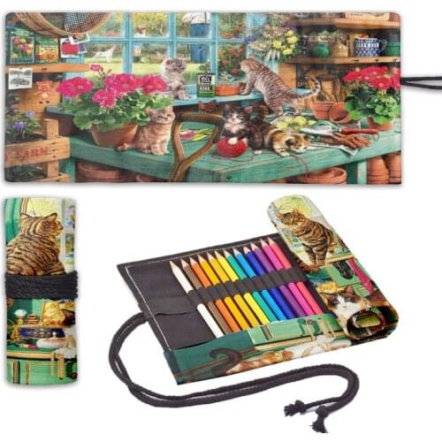 Cute Oil Painting Retro Cat Student Pen Curtain 12/24/36/48/72 Holes Pencil Case Boys Girls Unisex Harajuku Roll Canvas Pen Bag