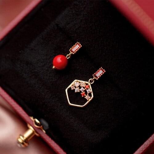 DAIWUJAN 925 Sterling Silver Colorful Crystal Earrings For Women Asymmetrical Festive Red Pearl Stud Earrings Christmas Jewelry