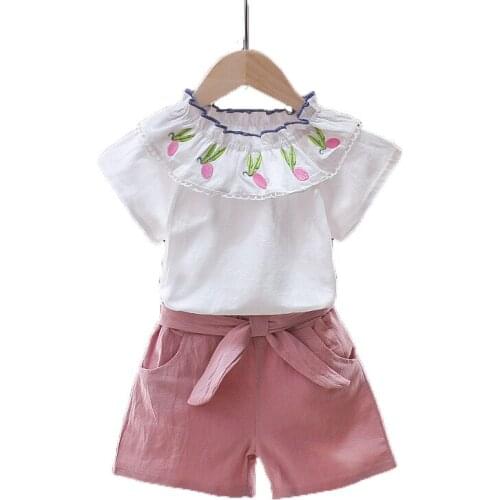 Baby Infant Girls Childrens Suit 2021 Girls Summer New Casual Linen Short-Sleeved Shorts Two-Piece Childrens Clothing Set 2-5y
