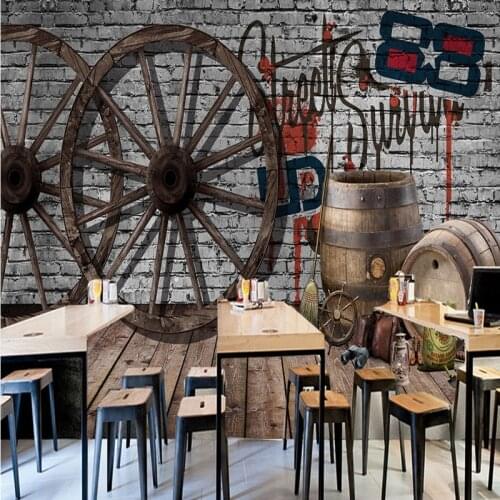 Drop Shipping Custom Photo Wallpaper Custom Retro Old Wood Wheel Brick Wall Mural Cafe Milk Tea Shop Wallpaper Restaurant Mural