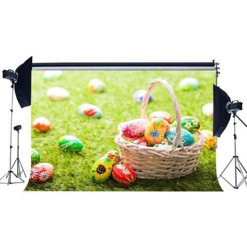 Happy Easter Backdrop Painted Eggs Basket Green Grass Meadow Bokeh Glitter Sequins Frohe Ostern Spring Photography Background