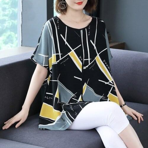 Plus Size Older Women Tops Summer 2019 Middle Aged Oversized T Shirt Printed Asymmetric Female Clothing Shirts Women 2019 DD2132