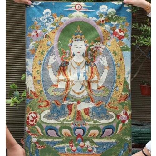 Collectible Traditional Tibetan Silk Cloth 4 Arms Chenrezig GuanYin Kwan-yin Buddha Tangka Thangka mural