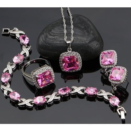 Cute Princess Pink Zircon Beads 925 Sterling Silver Jewelry Sets For Women India Earrings/Rings/Bracelet/Pendant/Necklace Set