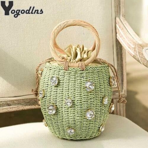 Summer Round Rattan Handmade diamond Pearl Bag Bohemian Straw Bag Bucket Knitting Shoulder Crossbody Bead Beach Bag Holiday Tote