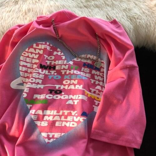 Summer Cotton Pink Love Print Chain Female T-shirt Harajuku Punk Vingate Woman Top Japanese Streetwear Oversized T Shirt