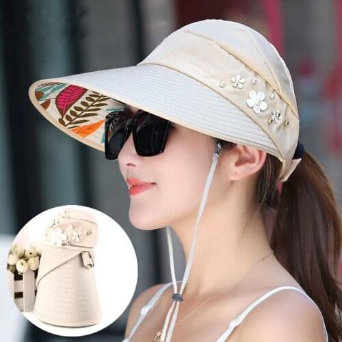 Hot Summer Sun Hat With Pearl Adjustable Big Heads Wide Brimmed Beach Hat UV Protection Packable Sun Visor Hat