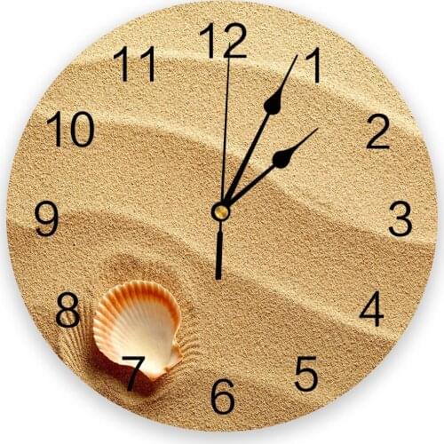 Small Seashell On Golden Sand Wall Clock Modern Design Home Wall Decorations Living Room Ornament Round Clocks