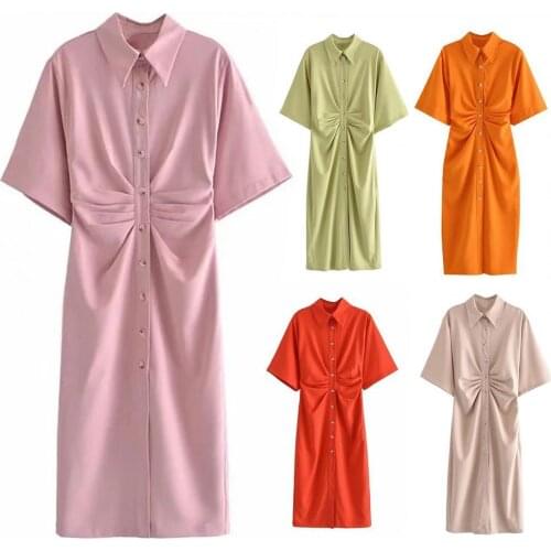 Fashion Women Midi Dress Button-up Turn-down Collar Cloth Short Sleeve Summer Dress Female Dresses Vestidos Loose Dresses 2021