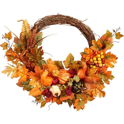 Autumn Festival Wreath Pumpkin Wreath Door Hanging Home Decor Maple Leaf Wreath Rattan Thanksgiving Floral Hoop Door Serviceable