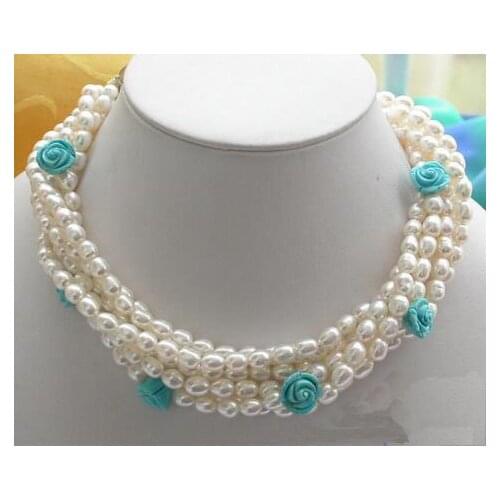 New Hot Sale Pearl Necklace 6 Rows White Color Rice Freshwater Pearl Blue Turquoise Flower Necklace Shell Clasp Fashion Jewelry
