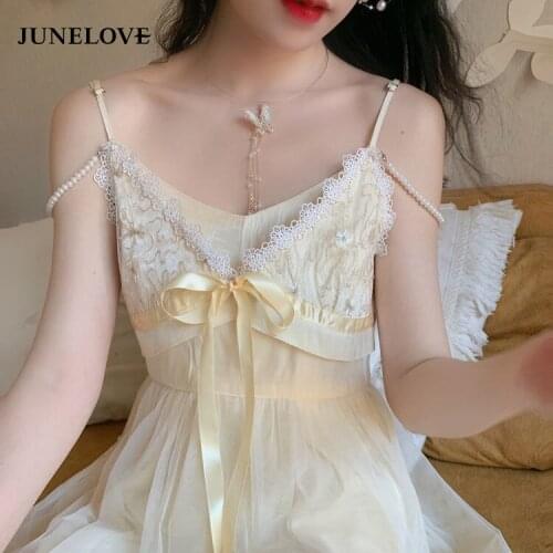 JuneLove Vintage Elegant Strap Fairy Dress Women French Kawaii Bow Lace-up Yellow Midi Dress Sweet Cute Romantic Lace Dress