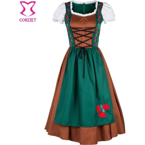 Ankle Length Oktoberfest Beer Maid Short Sleeves Dresses For Girls German Costumes Green Brown Long Performance Cosplay