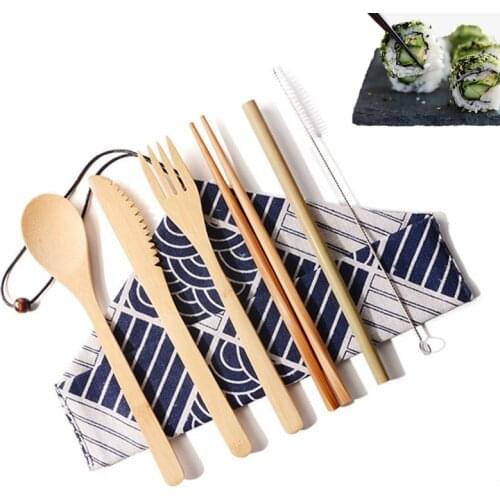 Portable Dinnerware Set Travel Teaspoon Spoon Bamboo Dinnerware Set Bamboo Cutlery Fork Knife Spoon Chopsticks Kitchen Tableware