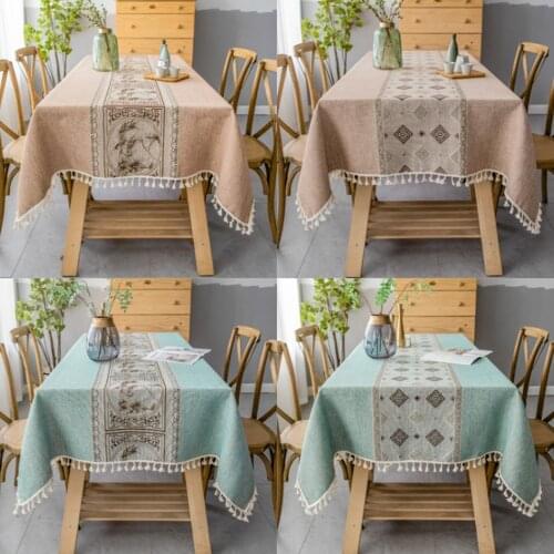 Chinese Style Cotton And Linen Rectangular Tablecloth Beige Fringed Edge Coffee Table TV Cabinet Dining Table And Tablecloth