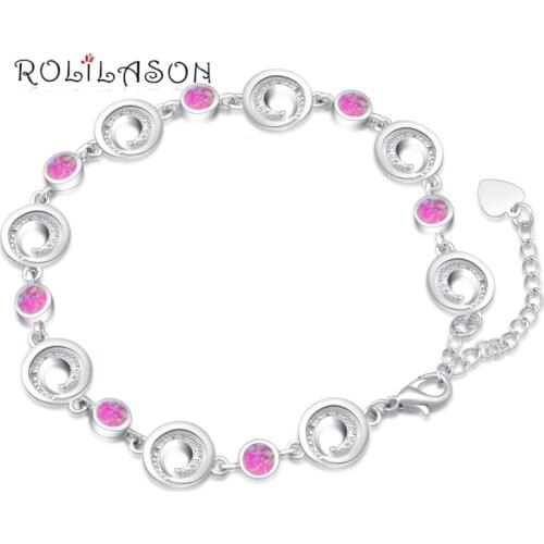 ROLILASON alibaba-express Pink Created Fire Opal 925 Silver Stamped Charm Bracelets Women snap jewelry pulseras OBs084
