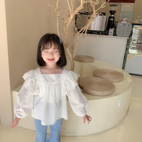 Toddler Girls Shirts 2021 Spring Childrens Korean Solid Blouse Fashion Lace Square Collar White Blouse for Girls Baby Clothes