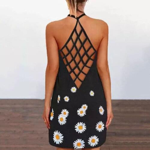 Sexy Backless Dress Womens Sunflower Print Sleeveless Dresses O-neck Hollow Out Vintage Dress Sexy Summer Tank Mini Dress
