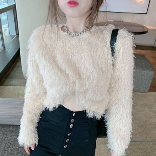 Autumn and Winter New Loose Temperament Tassel Plush Long-sleeved Sweater Sweater Short Top Womens Winter Clothes 2020
