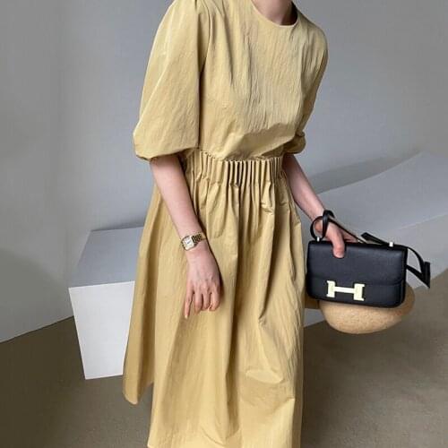 Women Dress 2021 Korean Elegant O-neck Loose-fitting Pleated Design High-waisted Bubble Sleeves Large Vestido