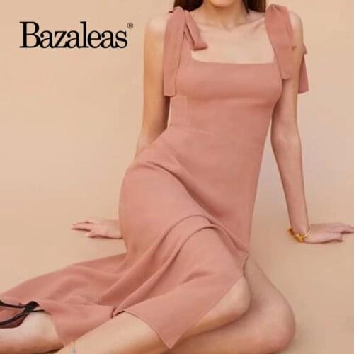 Vintage Tube Top Women Midi Dress Adjust Spaghetti Straps Pink Summer Dress Sexy Chiffon Split