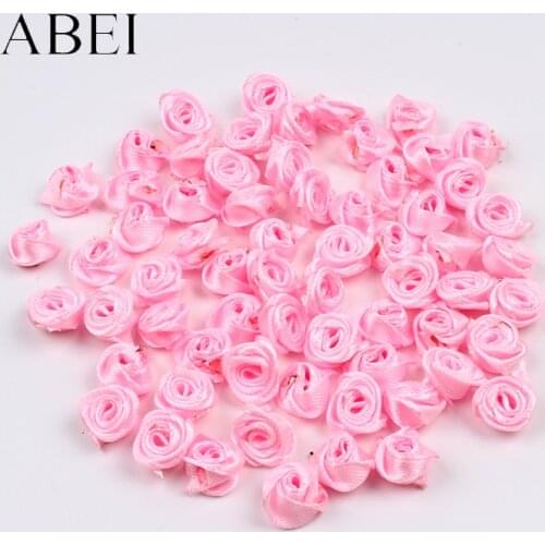 100pcs 15mm Pink Rose Head Artificial Satin Ribbon Flower Sewing Apparel Accessories