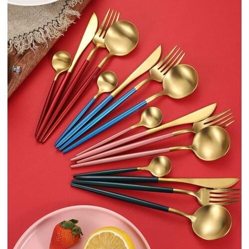 24PC Black Gold Portable Dinnerware Set 304 Stainless Steel Flatware Matte Set Family Dinner Knife Fork Spoon Chopsticks Cutlery