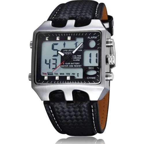 OHSEN Watches New Black Quartz Day Date Alarm Analog Digital Dual Time LED LIght Leather Strap Mens Wristwatch