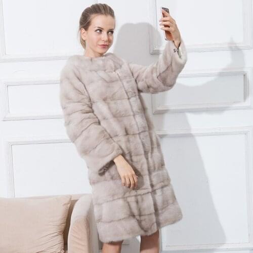 CNEGOVIK new mink fur coat mink coats women boat neck stand collar real fur coat 90cm