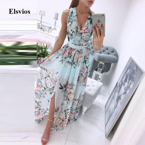 Elegant Floral Print Beach Long Dress Sexy Women Deep V-neck Split Party Dress 2021 Summer Sleeveless Chiffon Maxi Dress Vestido