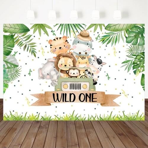 Wild One Baby Shower Backdrop Jungle Safari Baby Shower Photography Background Truck Animal Party Dessert Table Decoration Props