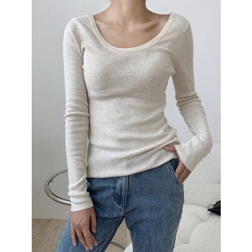 Knit V Back Cotton Scoop Neck Tops Women Slim Fit Knitwear Thin One Size
