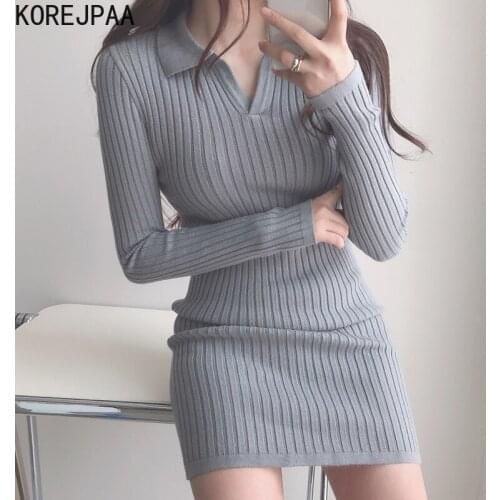 Korejpaa Women Dress 2021 Autumn Korean Temperament Ladies Polo Collar Solid Color Slim Waist Buttocks Pit Bar Knitted Vestidos