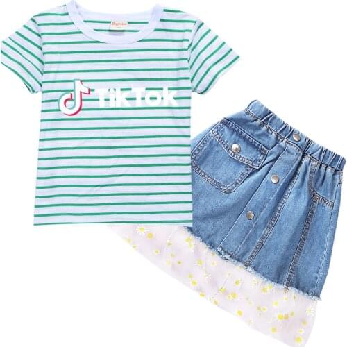 TIK TOK Hot Girl Costume Set Summer Short Sleeve Top + Bow Tie Cartoon Deniman Skirt Kids Costume Set