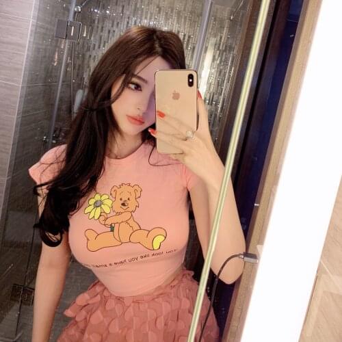 Bear Cub Rose Print Crop Top Skinny Short Sleeve Tees Korean Fashion Cute Pink T-Shirt Streetwear Summer 2021 Womens Clothing