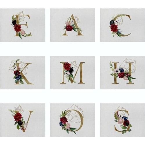 Golden Letters Kitchen Placemat Geometric Flowers Decorative Table Mats 42X32 Cotton Linen Waterproof Western Placemat Coasters