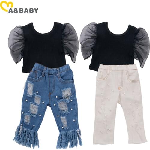 Ma&Baby 6M-5Y Summer Toddler Kid Child Girls Clothes Set Mesh T shirt Tops Pearl Denim Pants Jeans Outfits Costumes
