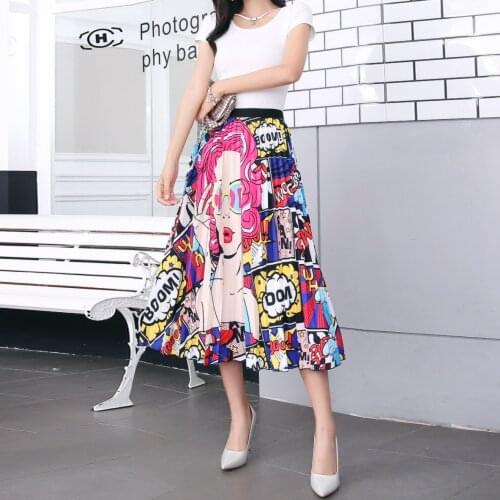 Fashion Pleated Skirt Women Print Cartoon Pattern Elastic Women Skirt Big Swing Party Holiday high waist skirt plus size skirt