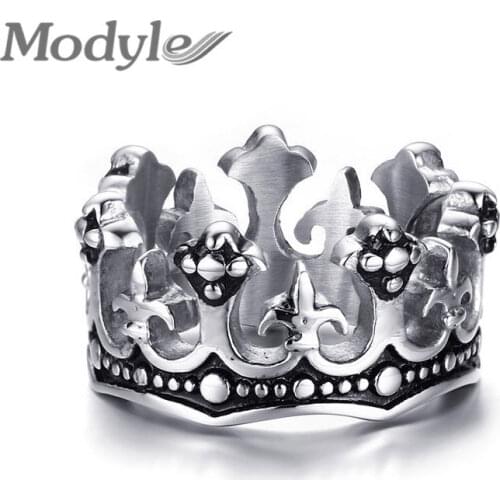Modyle Mens Rings Black Royal King Crown Knight Fleur De Lis Cross Vintage Rings for Men Jewelry