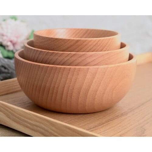 Natural Round Wooden Bowl Soup Salad Noodle Rice Fruit Anti-fall Handicraft Holder Kitchen Handmade Wood Bowl For Kids adult