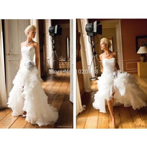 Casamento 2020 מסיבות New High Low White Strapless Flower Appliques Ruffles Puffy Beach Bridal Gown Bespoke Wedding Dresses