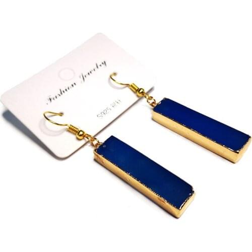 New 100% Natural Pink Quartz Blue Agates Earring 8*35MM Plating Gold Rectangle Shape Gem Stone Earrings For Women Gift