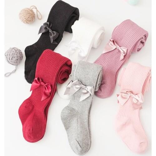 0-4 Yrs Tights For Girls Spring Autumn Cute Bowknot Girls Pantyhose Soft Cotton Knitted Children Tights Elastic Kids Stockings