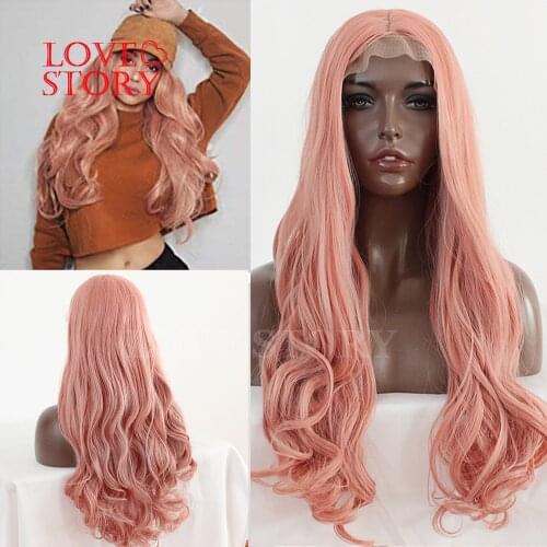 Lovestory Body Wave Glueless Synthetic Lace Front Wig With Baby Hair PInk Color Heat Resistant Synthetic Hair Lace Wigs